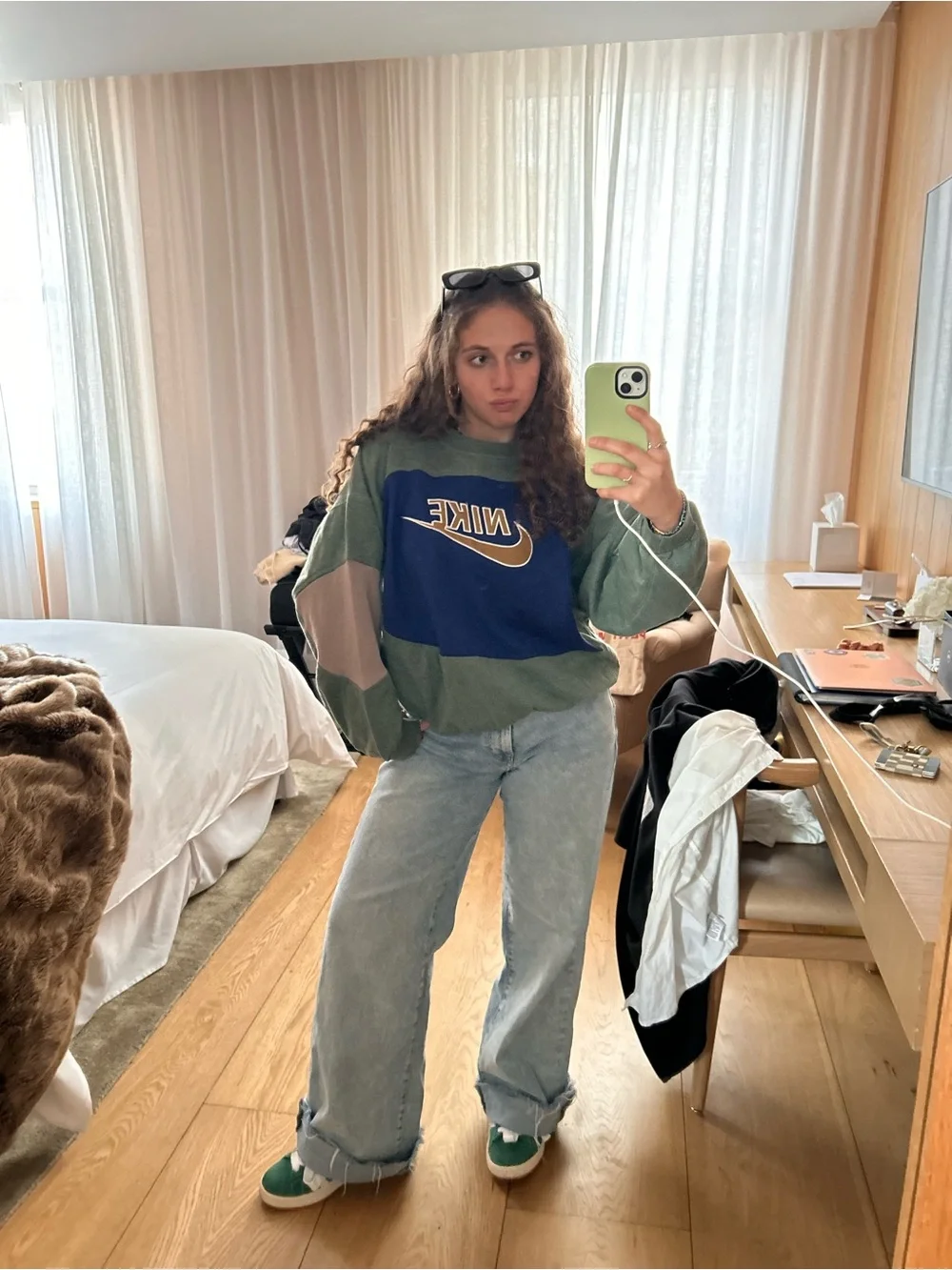 One of a kind reworked patched Nike green & blue crewneck